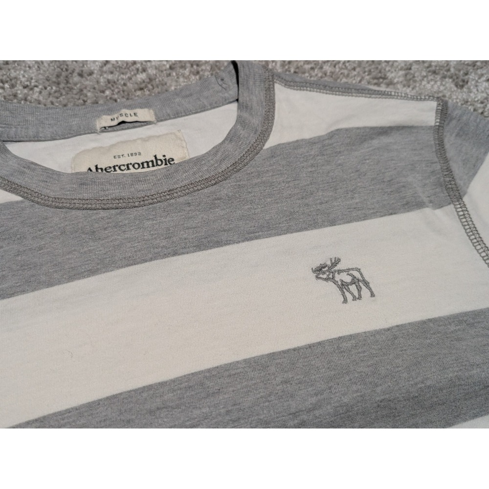 Abercrombie Fitch T-Shirt Mens L Grey Striped Muscle Fit Long Sleeve Crew Neck - Picture 2 of 7